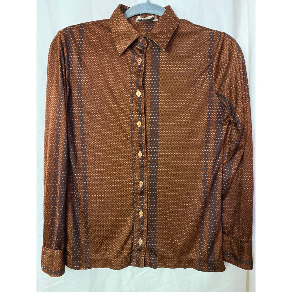 Vintage Wayne Rogers Brown Geometric Print Button Down Shirt 70s Disco Top